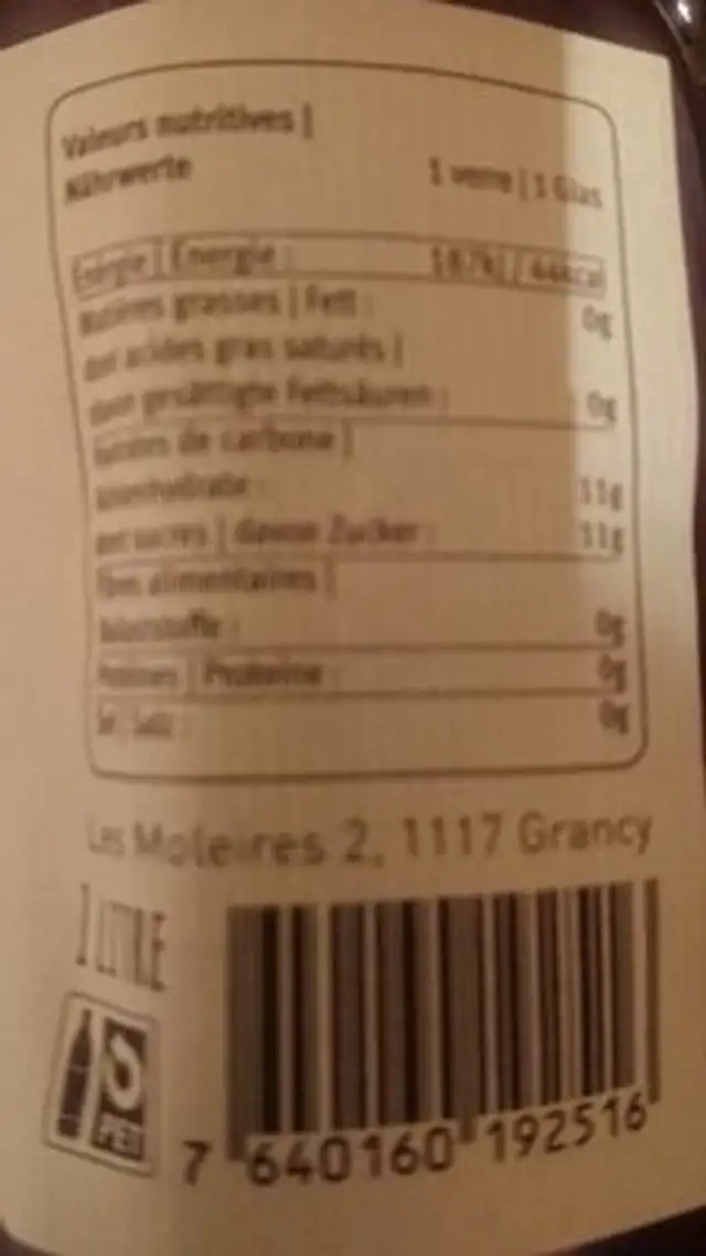 Jus de pomme nutrition facts table