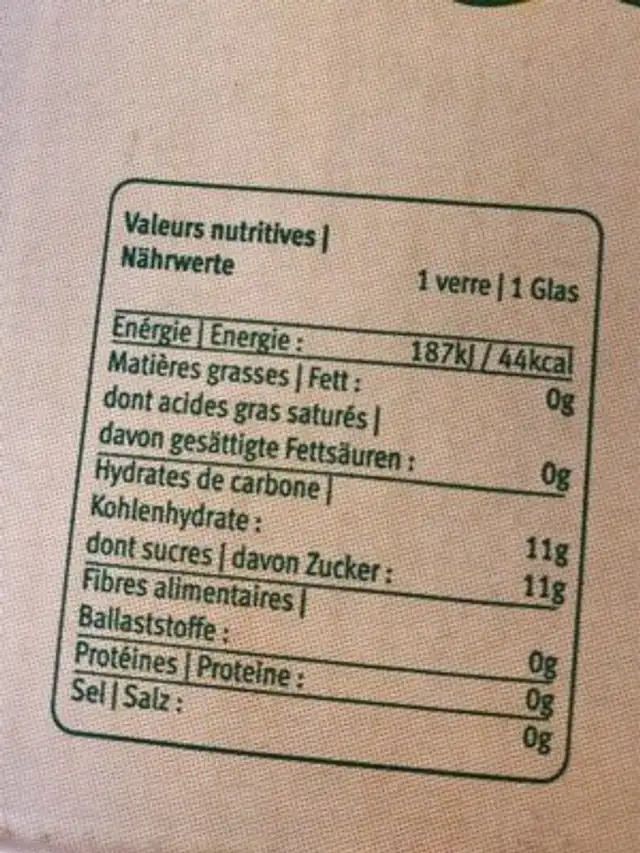Jus de pomme nutrition facts table
