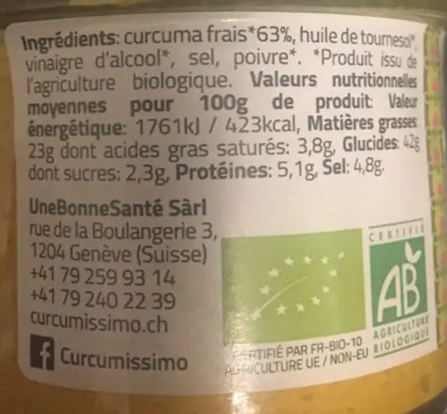 Purée de Curcuma ingredients label
