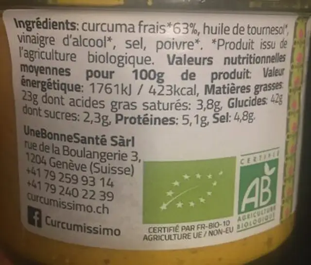 Purée de Curcuma nutrition facts table