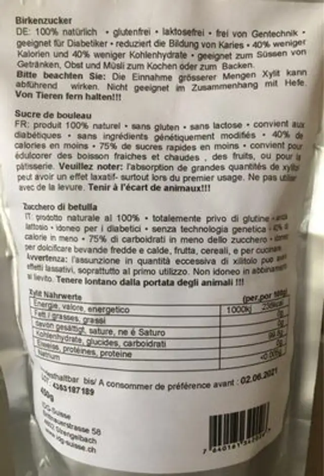 Sucre de bouleau nutrition facts table