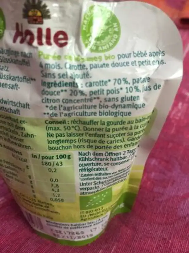 Gourde Carotte Patate Douce Petit Pois 90G 4M ingredients label