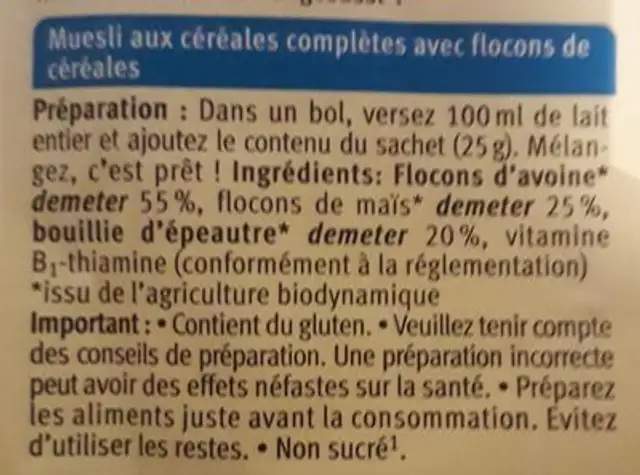 Muesli junior ingredients label