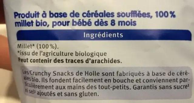 Holle Crunchy Snack Hirse, 25 GR Packung ingredients label