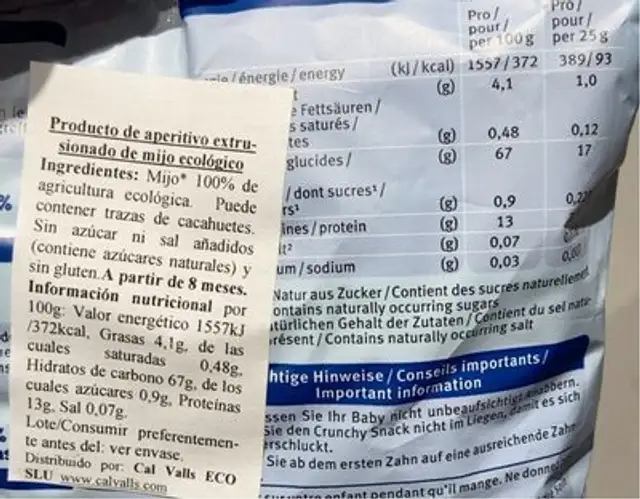 Holle Crunchy Snack Hirse, 25 GR Packung nutrition facts table