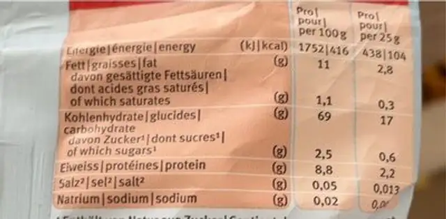 Crunchy snack nutrition facts table