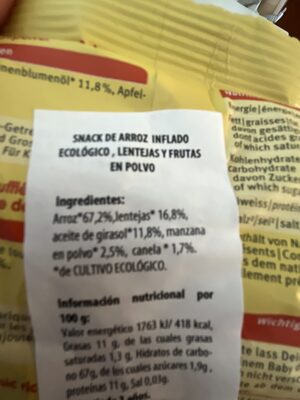 Crunchy snack ingredients label