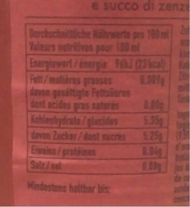 Vivi soda orage et gingembre nutrition facts table