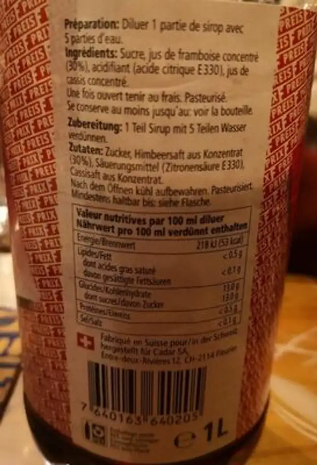 Sirop framboise nutrition facts table