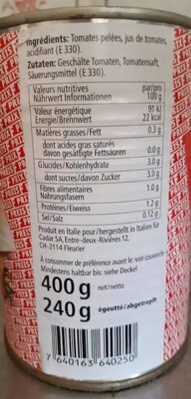 Tomates pelées nutrition facts table