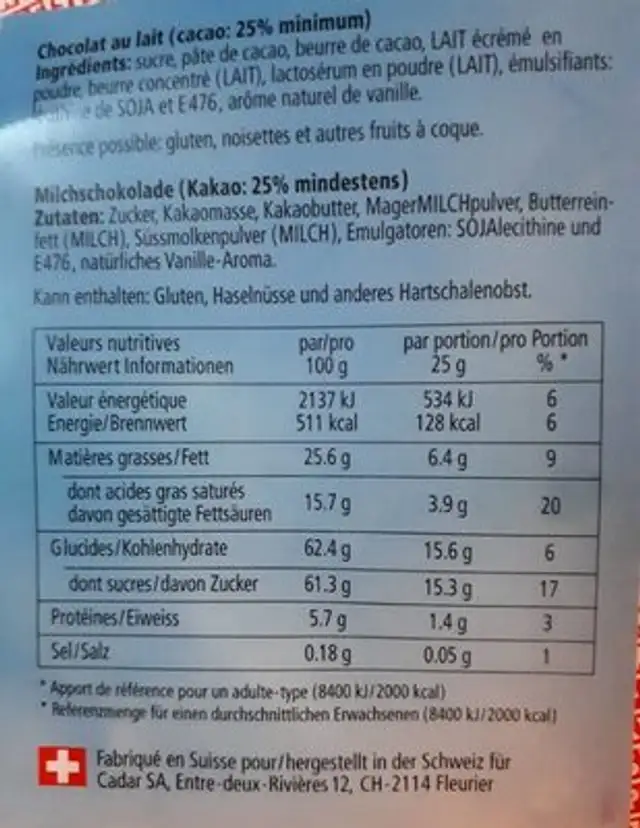 Original chocolat au lait nutrition facts table