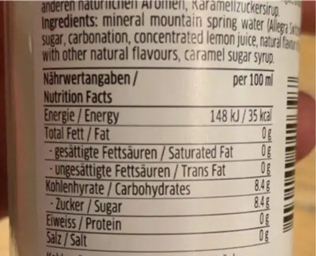 Ginger ale nutrition facts table
