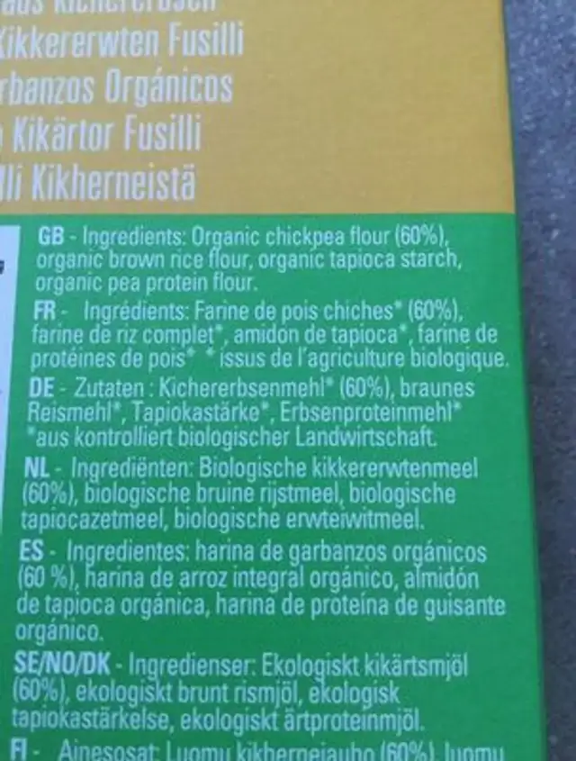 Organic Chickpea Fusilli ingredients label