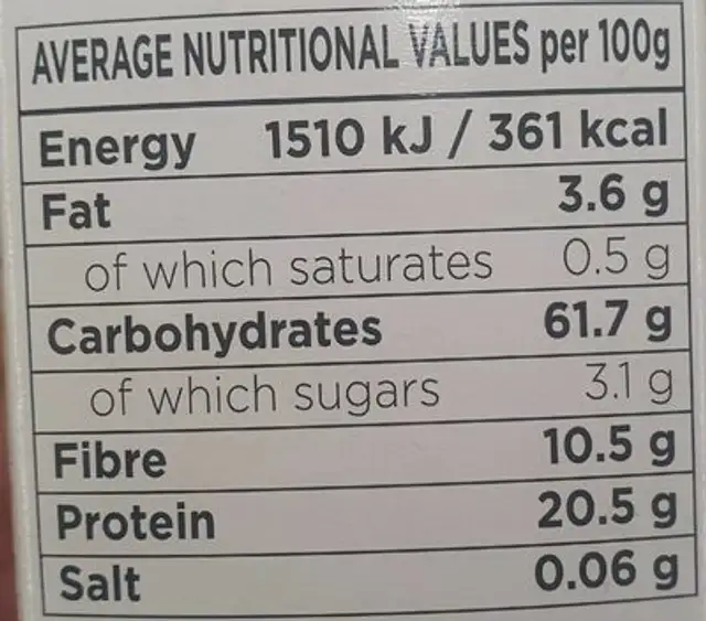 Organic Chickpea Fusilli nutrition facts table