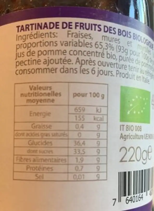 Fruits des bois nutrition facts table