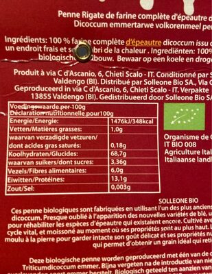 Penne rigate intégrales nutrition facts table