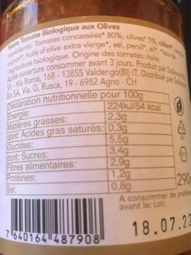 Sauce tomate aux olives nutrition facts table
