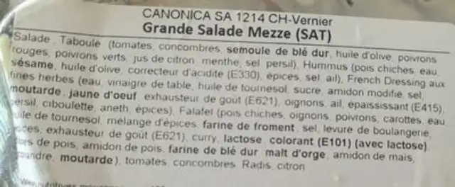 Grande Salade Mezze ingredients label