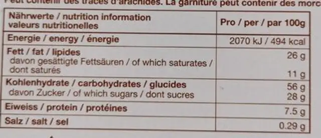 Tarte des Grisons aux noix nutrition facts table