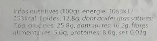 cake Banane Coco nutrition facts table