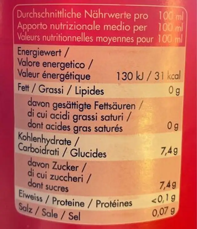 Eistee Zitrone nutrition facts table
