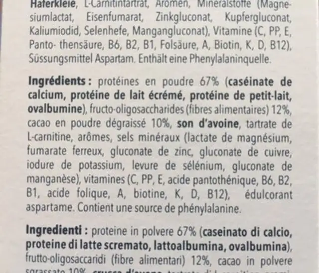 Protiline ingredients label