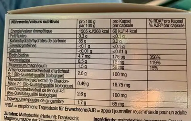 Veractiv Digest nutrition facts table