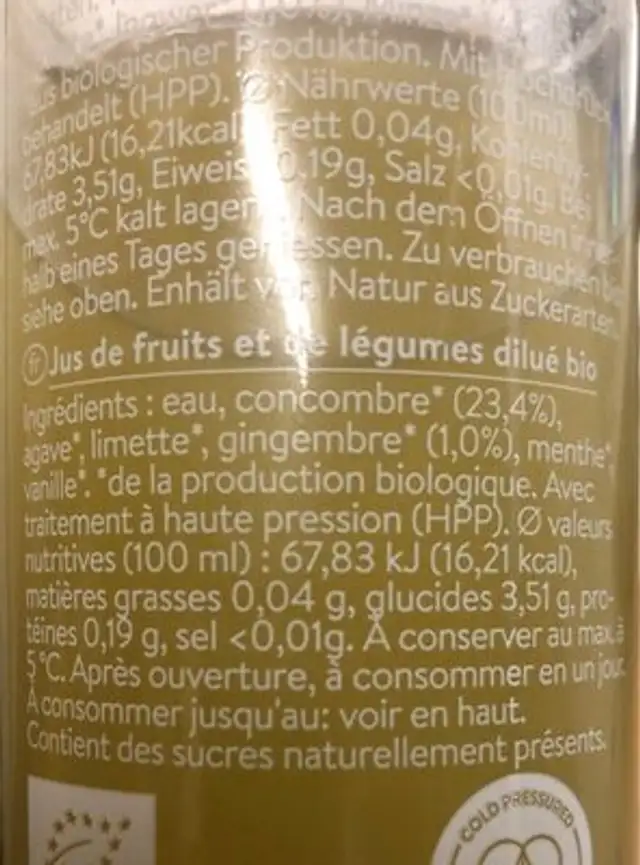 Gurke Ingwer concombre gingembre ingredients label