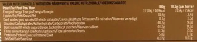 Date-Me choco'barres nutrition facts table