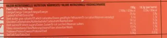 Date-Me choco'barres nutrition facts table