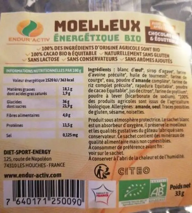 Moelleux énergétique nutrition facts table
