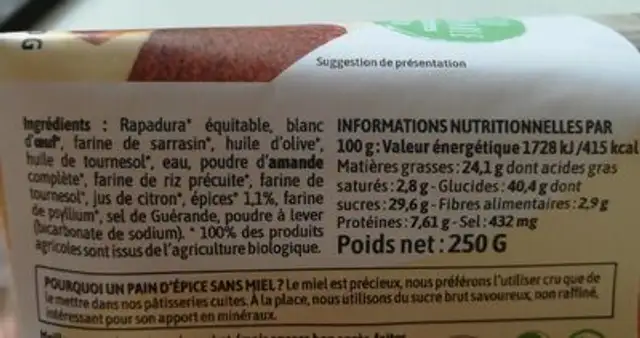 Pain d'épices alpin nutrition facts table