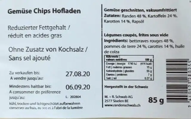 Chips de legumes nutrition facts table