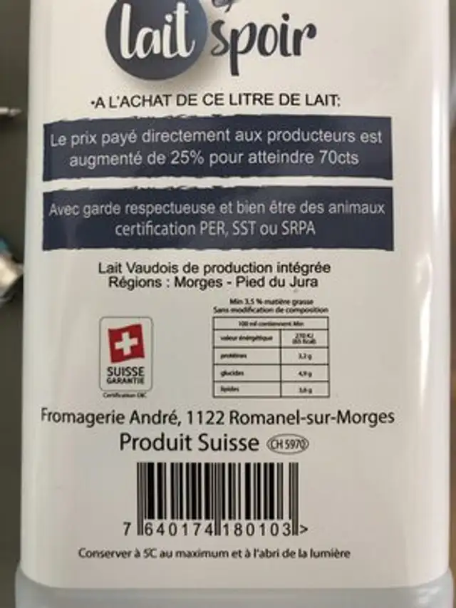 Lait spoir, lait équitable ingredients label