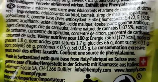 Canabis chewing gum nutrition facts table