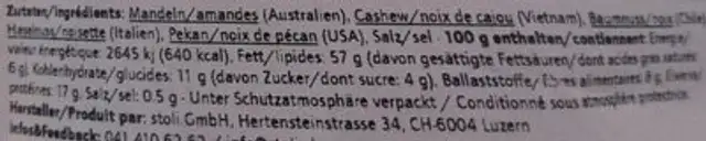 Stoli Nuss-Mix deluxe nutrition facts table