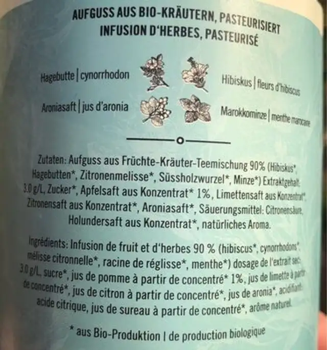 Bio-Früchtetee mit Kräutern ingredients label