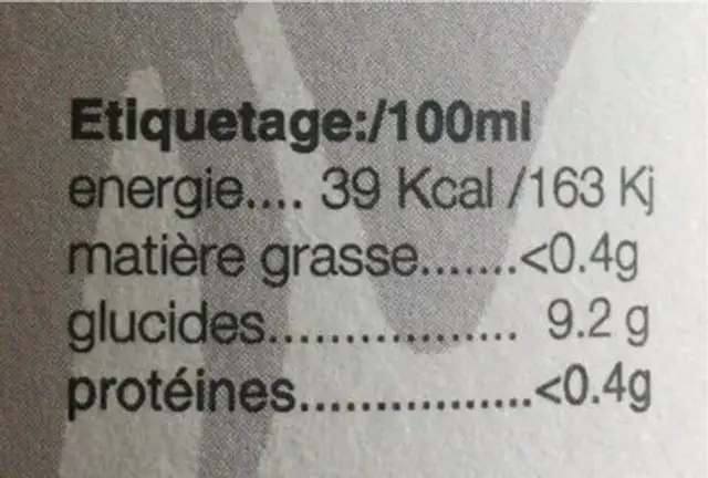 Vitalay limonade nutrition facts table