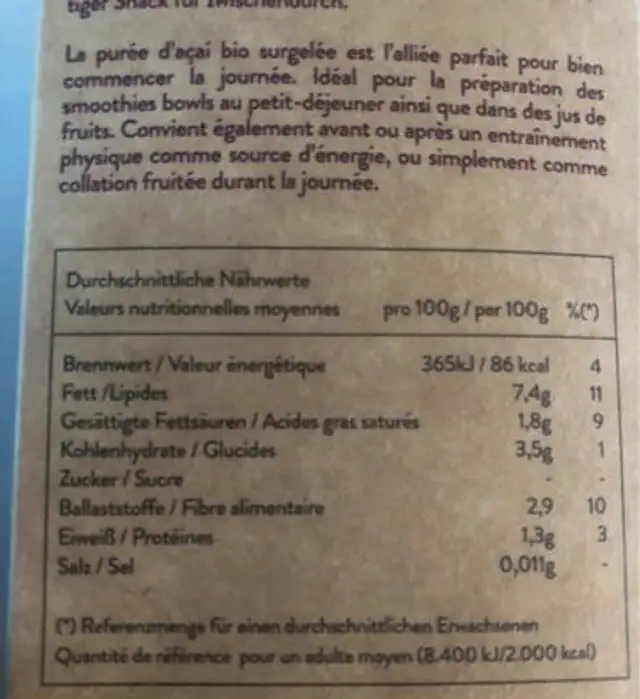 Bio Açaí püree nutrition facts table