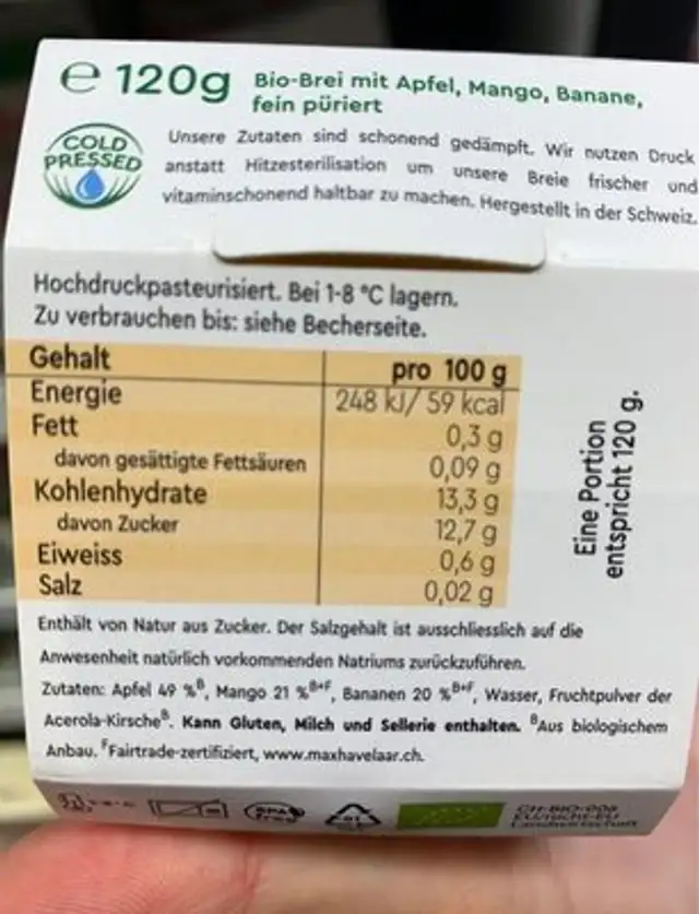 Alimentation bio pour bébé nutrition facts table