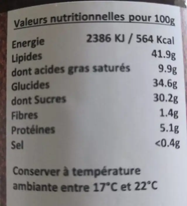 Pâte à tartiner Noir Intense Vegan nutrition facts table