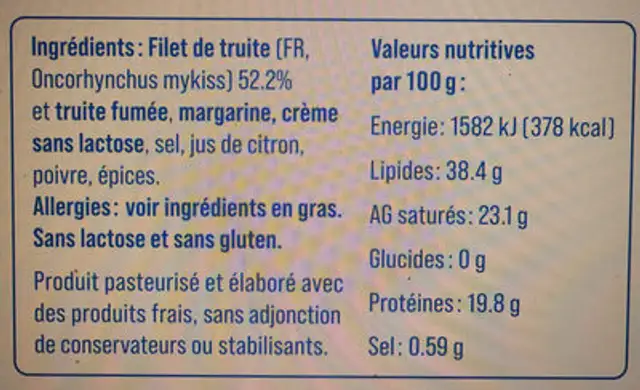 Rillette de truite pasteurisé ingredients label