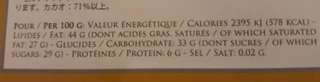 Chocolat noir aux éclats de cacao nutrition facts table