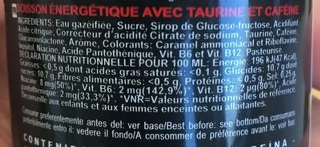 Motard Energy Drink nutrition facts table
