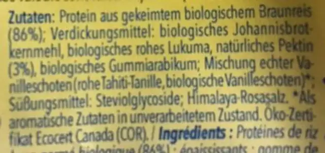 Protéines de riz bio ingredients label