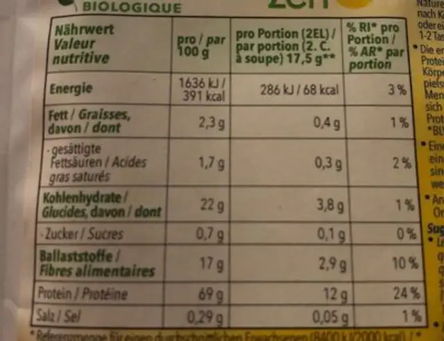 Protéines de riz bio nutrition facts table