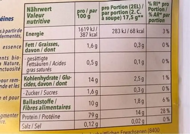 Proteine de riz bio nutrition facts table