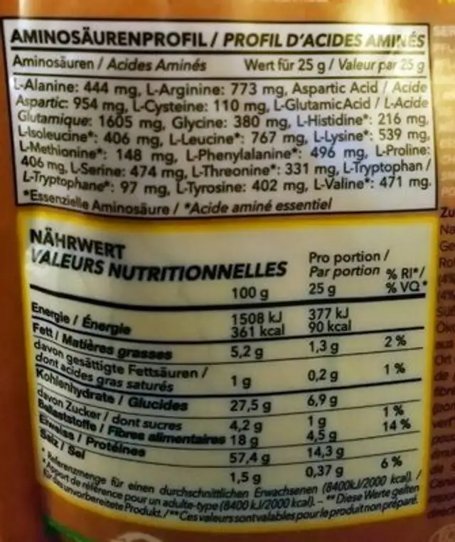 Protein Powder Banana nutrition facts table