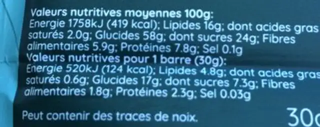 Zollinger Bio Carrot Bar nutrition facts table