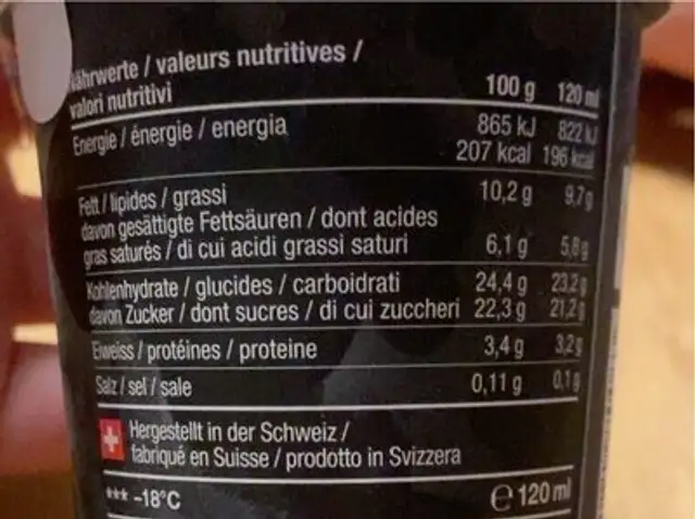 Gelato Stracciatella nutrition facts table